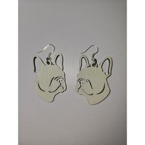 French Bulldog Earrings Handmade Wooden Lightweight Small Painted White Super...